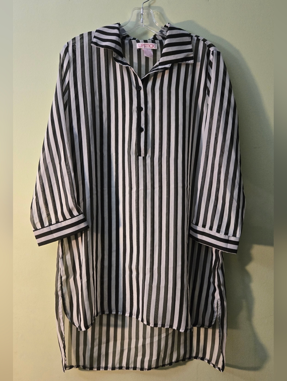 Womens Black and white vertical striped Sheer tunic Top. Large